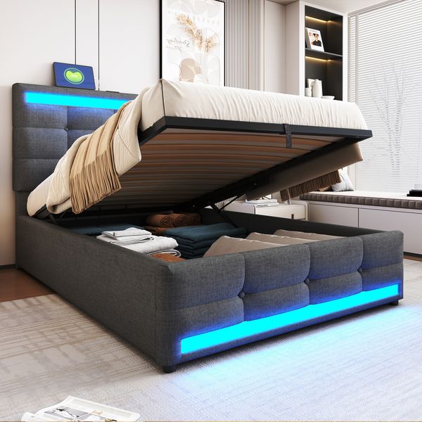 Polsterbett 90*200 Hydraulisches Stauraum-Kinderbett mit USB und farbwechselndem LED-Lichtstreifen, Grau Leinen-Einzelbett