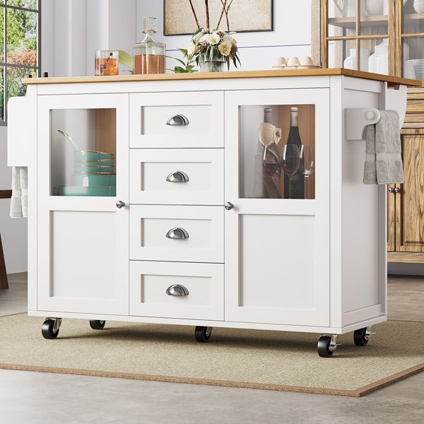 Kücheninsel aus MDF mit Klapptisch & Rollen, 137,9x73x92,5 cm, Weiß