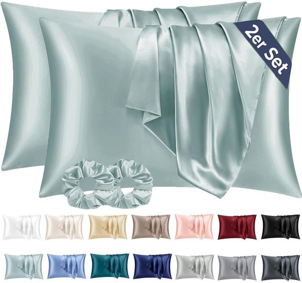 Satin Kissenbezüge 40x60 2er-Set Grün mit Haargummis