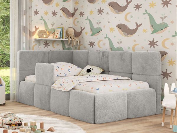 Jugendbett, Kinderbett mit Kopfteil ARVO ALTA 90x200 cm, Polsterbett mit Stauraum, hoher Schlafkomfort - Hellgrau Plüsch - Links - VIRE LUX