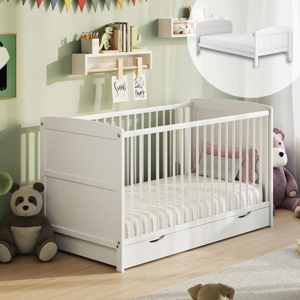 Babybett 70x140 umbaubar mit Schublade und Matratze, Gitterbett, Kinderbett, höhenverstellbar & herausnehmbare Sprossen | weitere Größe: 60x120 cm | 70x140 cm: von Geburt bis 6. Lebensjahr, Weiß