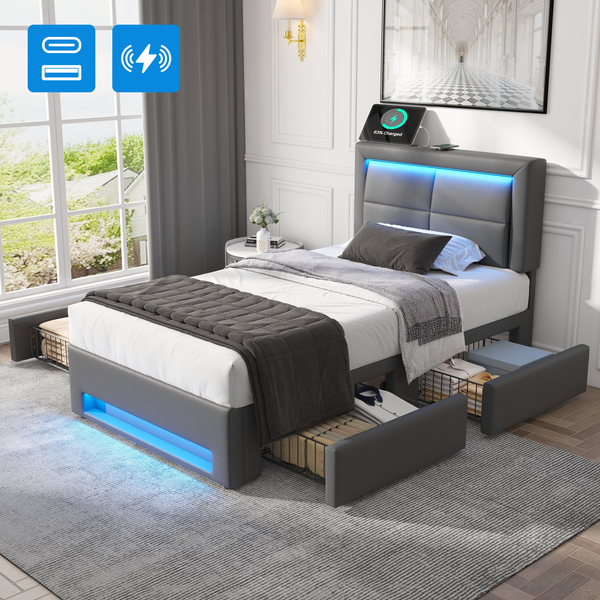 Novelux Polsterbett 90x190 cm mit USB, kabellosem Laden und LED – PU in Grau, 4 Schubladen, ohne Matratze, für Matratzenhöhe 20-30 cm