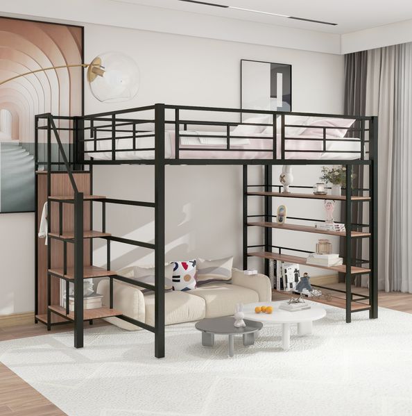 Bett 140x200 cm Hochbett mit Stauraumtreppe und kleinem Kleiderschrank – schwarzes Metall