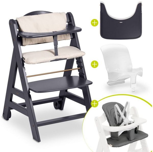 Hauck Hochstuhl Beta Plus Dark Grey, Kinderhochstuhl mit Essbrett, Sitzauflage, Baby-Sitz, Sitzpad & Rollen