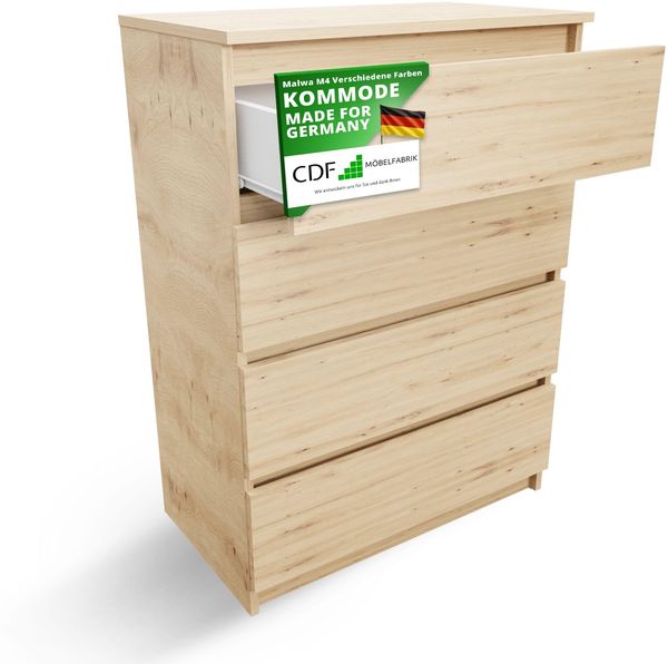 CDF Kommode mit 4 Schubladen Geräumigen 97 cm Hoch Schmale Eiche Sonoma Komode Schlafzimmerkommode für Flur Büro Schlafzimmer Wohnzimmer Schubladenschrank Regal mit Schubladen Schrank Möbelstück