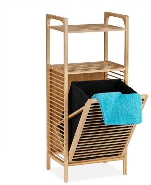 Relaxdays Badregal mit Wäschekorb, Bambus natur / schwarz, 40 x 30 x 95 cm