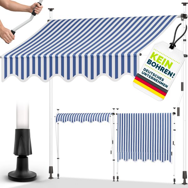 tillvex Balkonmarkise 350 cm Blau/Weiß Gelenkarm Markise Klemmmarkise Sonnenmarkise Balkon ohne Bohren