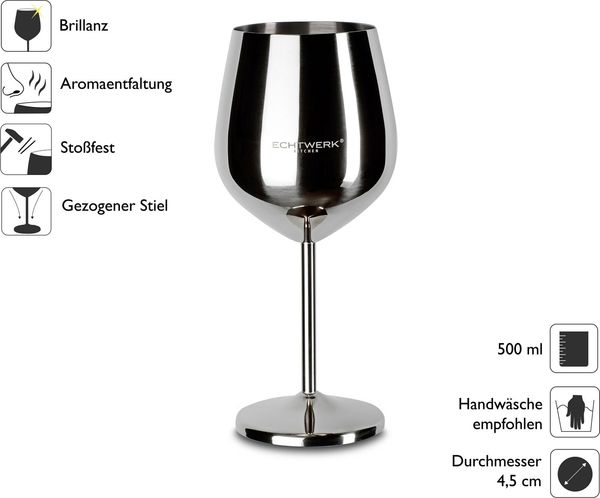 ECHTWERK Weinglas Silber Edition, Edelstahl, 2-tlg. bruchsichere Weingläser/Weinkelche, 0,5 L Bild 2