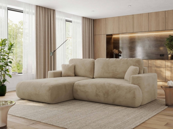 Ecksofa OVO mit schlaffunktion und bettkasten, Wellenfeder, lose Kissen, L-form 271x195 cm - Beige Plüsch - linke Seite