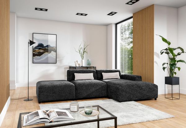 AX LIVING Schwarze Couch L Form Ecksofa Jughlio mit Hocker 304 cm R