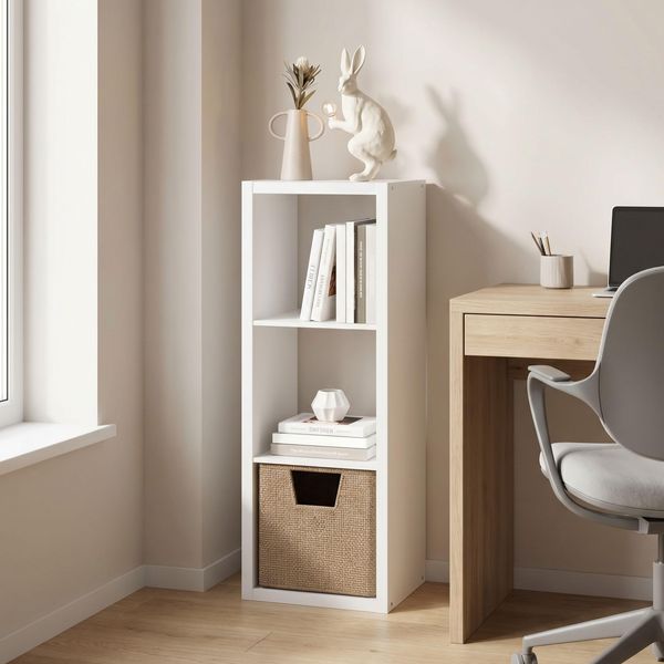 Furinno Cubicle 3-Würfel-Bücherregal mit dickem Rahmen, Horizontal und Vertikal Umkehrbares Bücherregal, 37,08 x 40,39 x 111,76 cm, für Wohnzimmer, Schlafzimmer, Homeoffice, Schlichtes Weiß