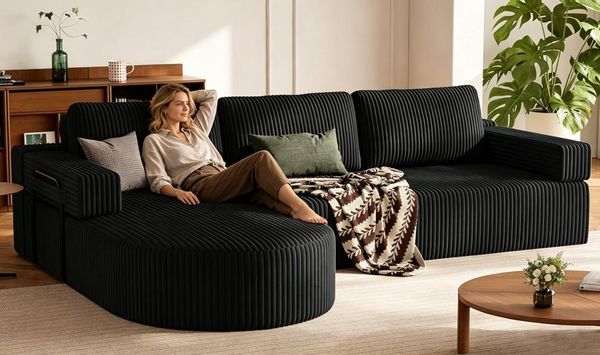 Patbrela Ecksofa Cord Schlafsofa L Form mit Abgerundeter Chaise Longue