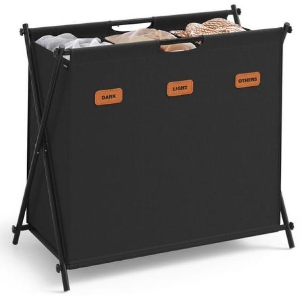 Songmics Wäschekorb, 135 Liter, 3 Fächer, klappbares X-Gestell, individuelle Etiketten, 600D Oxford-Gewebe, Stahl, Schwarz, 70 x 40 x 66 cm