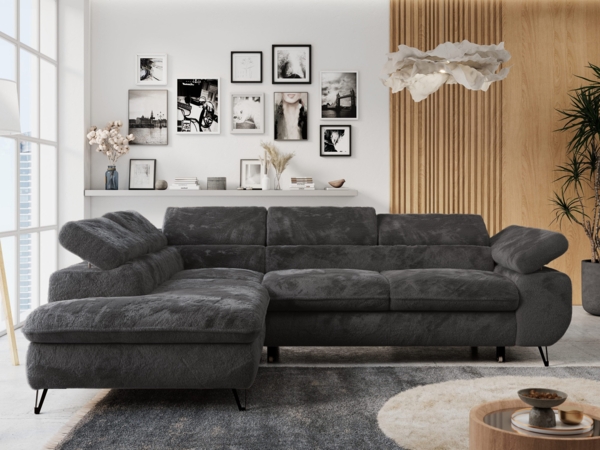 Ecksofa mit Bettfunktion, Modern Sofa, L-form, Einstellbare Kopfstützen, Bettkasten - PETER - Dunkelgrau Plüsch - Topper T25 - links
