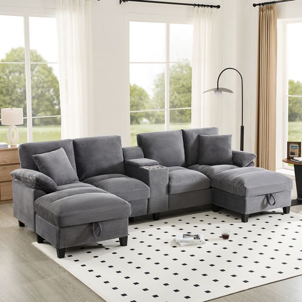 Geräumiges 4-Sitzer-Sofa in U-Form mit Stauraum, übergroßem Cordstoff und Kissen, Getränkehaltern aus Edelstahl und zwei USB-Anschlüssen, Schlafzimmer und Wohnungen, Grau