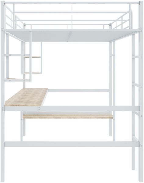 Merax Hochbett, 140x200cm Bettgestell Metallbett, Eisenbett mit Schreibtisch, Ohne Matratze, Hochbett mit vier kleinen Regalen und einem großen Bücherregal, Weiß Bild 6