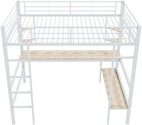 Merax Hochbett, 140x200cm Bettgestell Metallbett, Eisenbett mit Schreibtisch, Ohne Matratze, Hochbett mit vier kleinen Regalen und einem großen Bücherregal, Weiß Bild 5