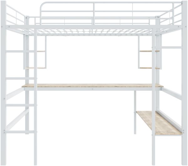 Merax Hochbett, 140x200cm Bettgestell Metallbett, Eisenbett mit Schreibtisch, Ohne Matratze, Hochbett mit vier kleinen Regalen und einem großen Bücherregal, Weiß Bild 9