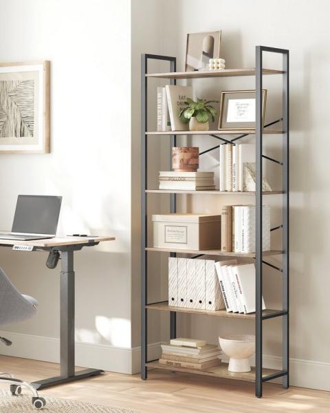 Vasagle Bücherregal 6 Ebenen, Standregal mit Stahlrahmen, freistehendes Regal, Wohnzimmer, dunkelwalnussfarben, 186 x 30 x 80 cm