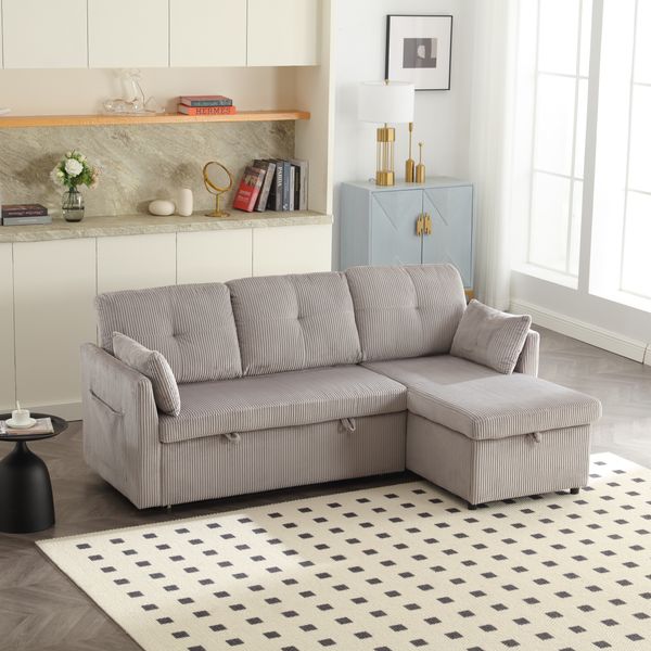 Multifunktionales L-förmiges Schlafsofa mit verstecktem Stauraum, 3 große Kissen, 2 kleine Kissen, seitliche Ablagefächer,Hellgrau