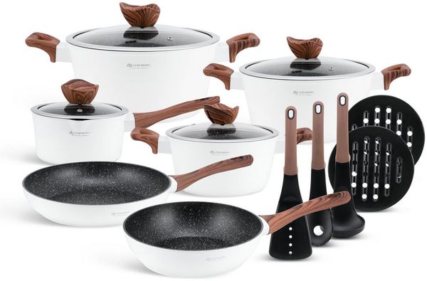 Edenberg Topf-Set Wunderschönes weißes Kochset mit Töpfen Pfannen und Zubehör, Aluminiumguss, Aluminium, Keramik (Dieses wunderschöne Topfset ist die perfekte Geschenkidee für jeden Anlass – stilvoll, hochwertig und praktisch zugleich, 15-tlg, 1,53L / ...