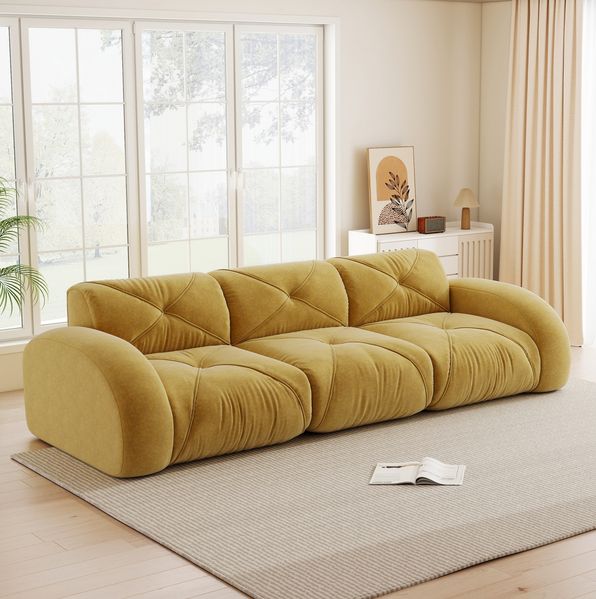 Modulsofa 3-Sitzer 76cm×281cm×95cm aus Chenille in Gelb – rahmenloses Sofa mit flexiblem Aufbau