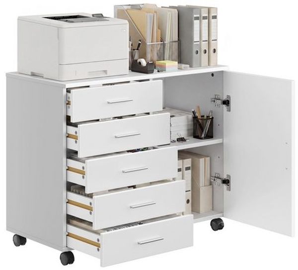 VASAGLE Rollcontainer, Aktenschrank, Schrank mit Tür, Druckerständer, 5 Schubladen, mit werkzeuglosen Gleitschienen, weiß