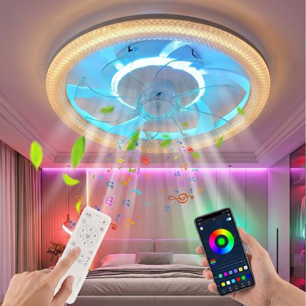 WILGOON Deckenleuchte Deckenventilator mit Beleuchtung, Music RGB Dimmbar mit Fernbedienung, Luftzirkulationsfunktion + Music, LED fest integriert, Warmweiß, Neutralweiß, Kaltweiß, RGB Farbwechsel, Schlafzimmer Leise Ventilator mit Bluetooth für Wohnzi...