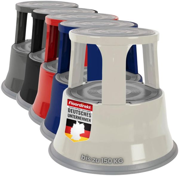 Floordirekt Rollhocker, Tritthocker, Elefantenfuß - Hocker aus Stahl bis 150kg Tragkraft für Büro oder Gewerbe (Lichtgrau, Metall)