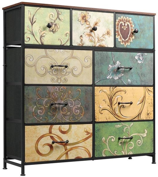 WLIVE Kommode 9 Stoffschubladen, Schubladenkommode 100 × 30 × 102 cm (Stauraumkommode für Schlafzimmer Wohnzimmer Flur, florales Retro-Design), Modernes Sideboard, Blumenmuster