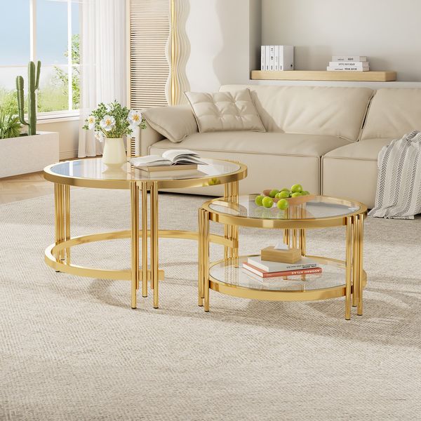 Couchtisch 80x80x45 cm Glas+Metall Gold/Weiß 2er-Set