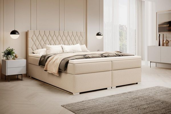 Compleo Boxspringbett mit abgerundetes Kopfteil, Designerbett, Luxusbett mit Bettkasten