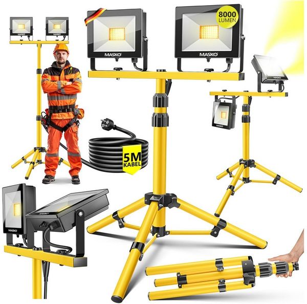 MASKO LED Baustrahler LED Fluter mit Stativ höhenverstellbar bis 202cm, 8000 Lumen Strahler, LED fest verbaut, Kaltweiß, 2x50W LED Arbeitsleuchte für drinnen & draußen, IP65, 5m Kabel