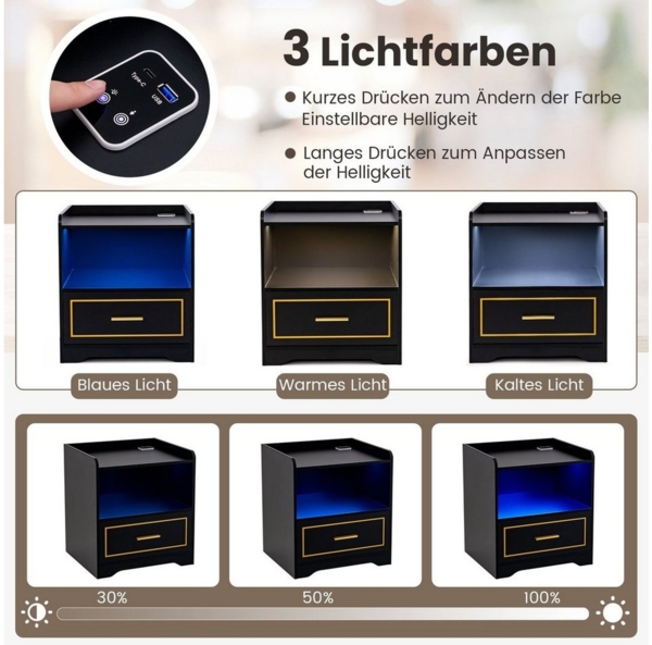 COSTWAY Nachttisch (1-St), LED, 3 Farben, mit Schublade&USB-Anschluss, Holz, Schwarz Bild 3