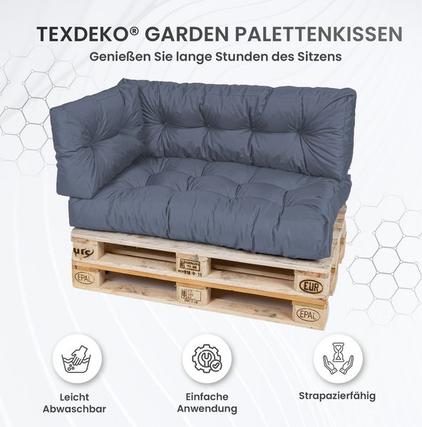 TexDeko Palettenkissen TexDeko Garden 2-TLG Palettenkissen-Set wasserabweisend gesteppt, 1x Palettenkissen (Sitzkissen) + 1x Rückenkissen, Premium Qualität