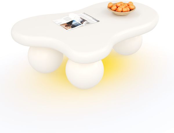 Weißer Couchtisch im Wolkenstil mit LED-Beleuchtung – 16 Farben wählbar, Coffee Table, Wolkenform-Design, Rundbein-Design, stilvolles Highlight für modernes Wohnzimmer und Kinderzimmer