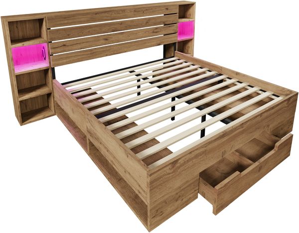 Bett 180x200 cm aus Holz und Metall mit LED, USB-C, Stauraum-Kopfteil und 2 Schubladen, ohne Matratze Bild 6