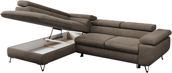 Mks Möbel 'Peter L-form' Ecksofa mit Bettfunktion, Bettkasten & einstellbaren Kopfstützen, Braun, Velours, links Bild 5