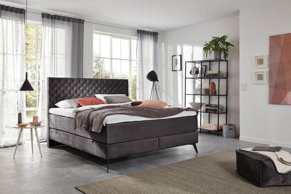 KAWOLA Bett SINDAR Boxspringbett Stoff anthrazit Fuß schwarz ohne Topper 160x200cm
