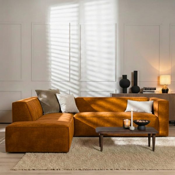 Bronx71 Ecksofa Memphis Samt ockergelb/cognac links