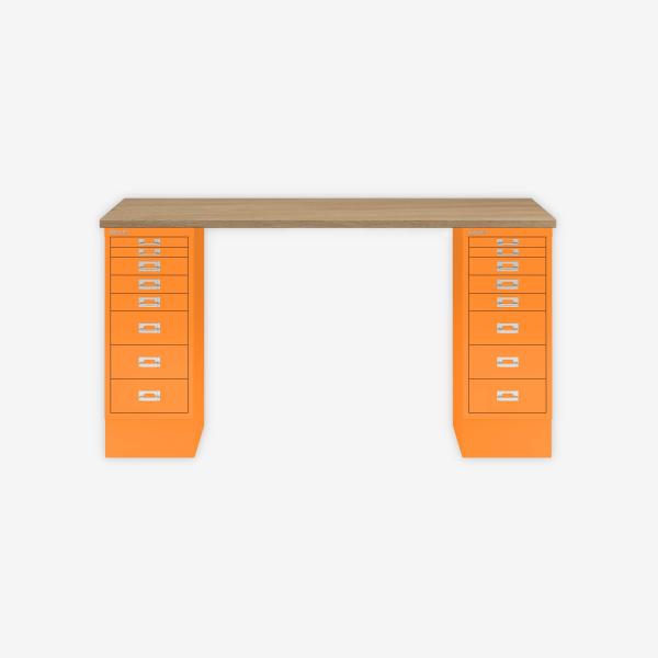 MultiDesk, 2 MultiDrawer mit 8 Schüben, Dekor natürliche Eiche, Farbe Orange, Maße: H 740 x B 1400 x T 600 mm