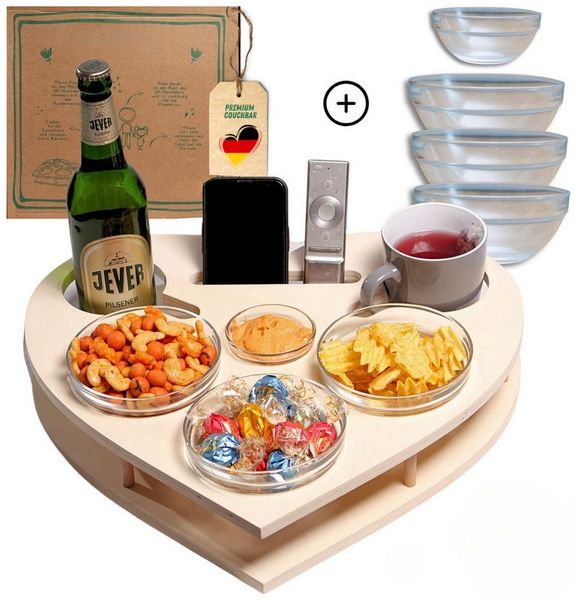 PEGSEN Servierplatte Couchbar Snackbox Herz mit 4 Snackschalen Sofa Tablett, Birkenholz, (lebensmittelechte Glasschalen), passend für Kaffeetassen, Weingläser & 0,5l Flaschen