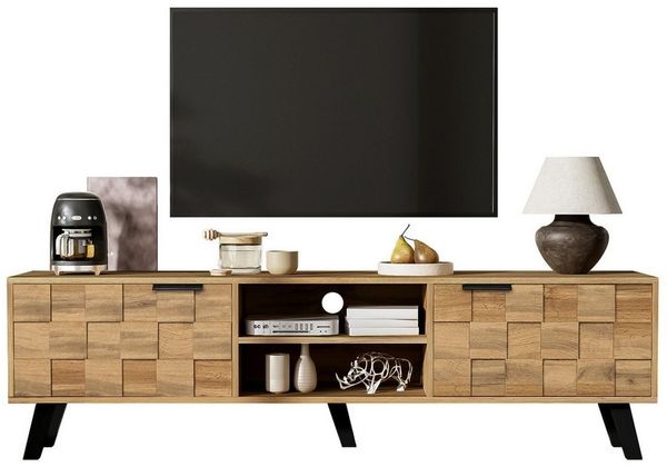 Refined Living TV-Schrank mit 2 Türen & 2 offenen Fächern, Fernsehtisch, Medienschrank, TV-Möbel (160,5 x 35,5 x 45 cm, TV-Board, Lowboard, mit Holzmaserungsdesign, Wohnzimmermöbel, modernes Einzigartiges Design, Freundlich gegenüber Kehrrobotern, 1-St...