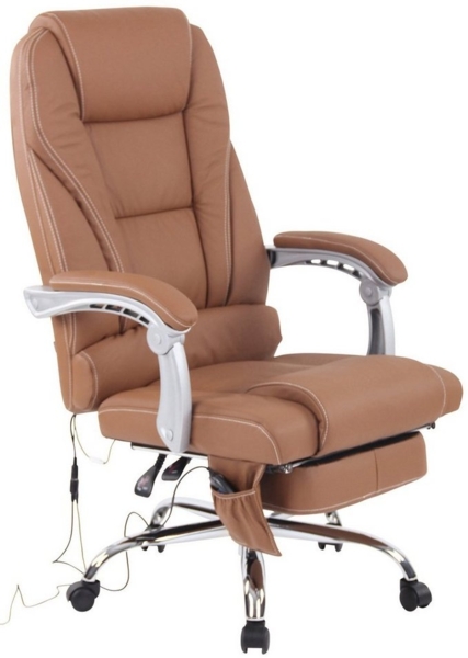 TPFLiving Bürostuhl Pacira mit Massagefunktion - höhenverstellbar und 360° drehbar (Schreibtischstuhl, Drehstuhl, Chefsessel, Bürostuhl XXL), Gestell: Metall chrom - Sitzfläche: Echtleder hellbraun