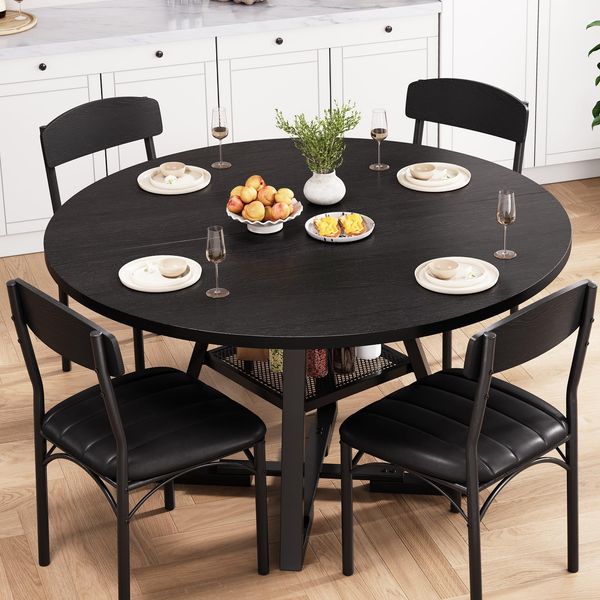 Jocoevol Runder Esstisch und 4 Esszimmerstühle Set, Essgruppe 5-Teilig, Esszimmertisch mit Ablage und 4 stühle für Küche, Wohnzimmer, Balkon, Restaurant, Büro (Schwarz, 120 x 120 x 76 cm)