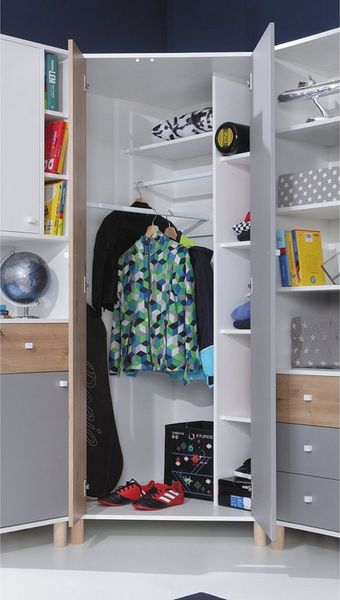 Lomadox Kleiderschrank FAIRFAX-133 90x90cm Stellfläche, in weiß mit Eiche und grau