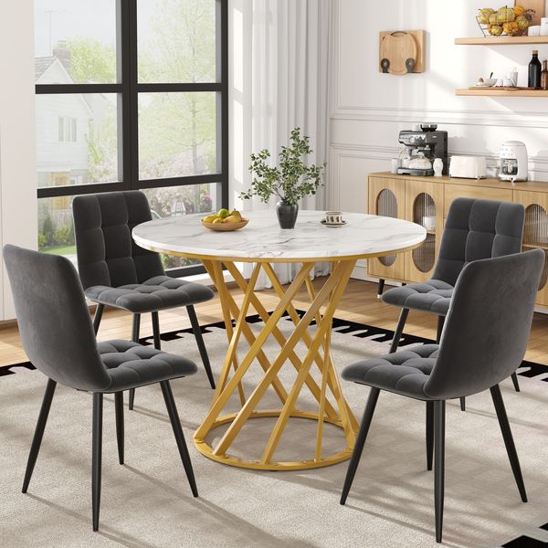 Merax Esstisch-Set (5-teilig), Essgruppen mit 4 Stühlen, Küchentisch-Set, runder Küchentisch mit 80 cm Durchmesser und goldenen Metallbeinen, weiße MDF-Tischplatte, dunkelgraue Samt-Esszimmerstüh