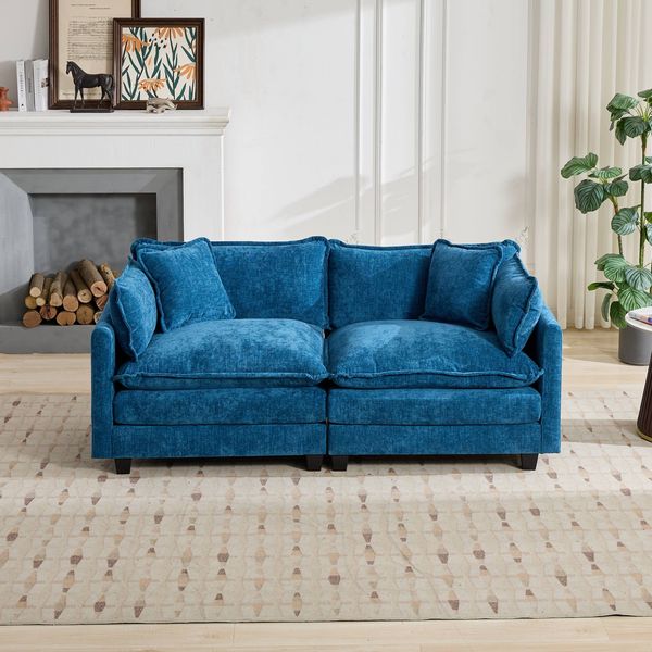 2-Sitzer-Sofa aus Chenille mit modularem Design, blau