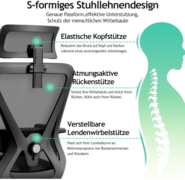 Ergonomischer Bürostuhl Verstellbare Kopfstütze Lendenwirbelstütze Bild 6