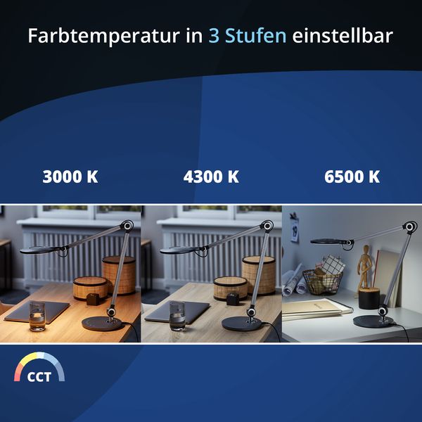 KHG LED-Schreibtischleuchte in schwarz, dimmbar mit Touchschalter, 1-flammig, Farbwechsel CCT (Weißspektrum) 3.000-6.500 K, 480 lm Lichtleistung, 10 W Gesamtleistung, für Arbeitszimmer und Büro